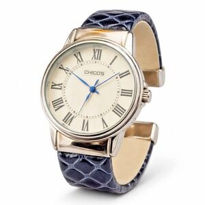 Chico's Silver Tone Roman Numeral Cuff Watch Black Crackle Band Womens Quartz Jp